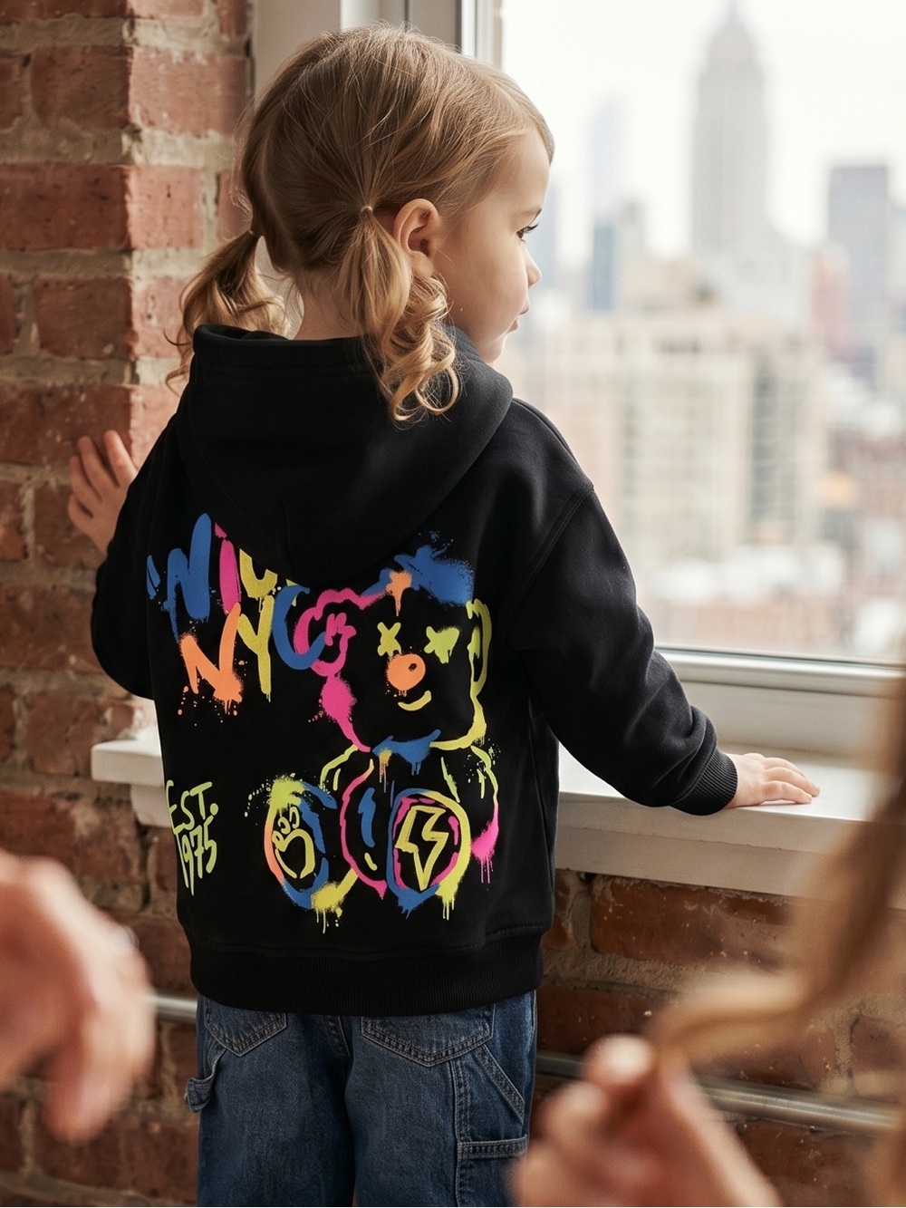 ZARA Black Sweatshirt in Neon Graffiti with 'Nice NYC Bear' Graphic